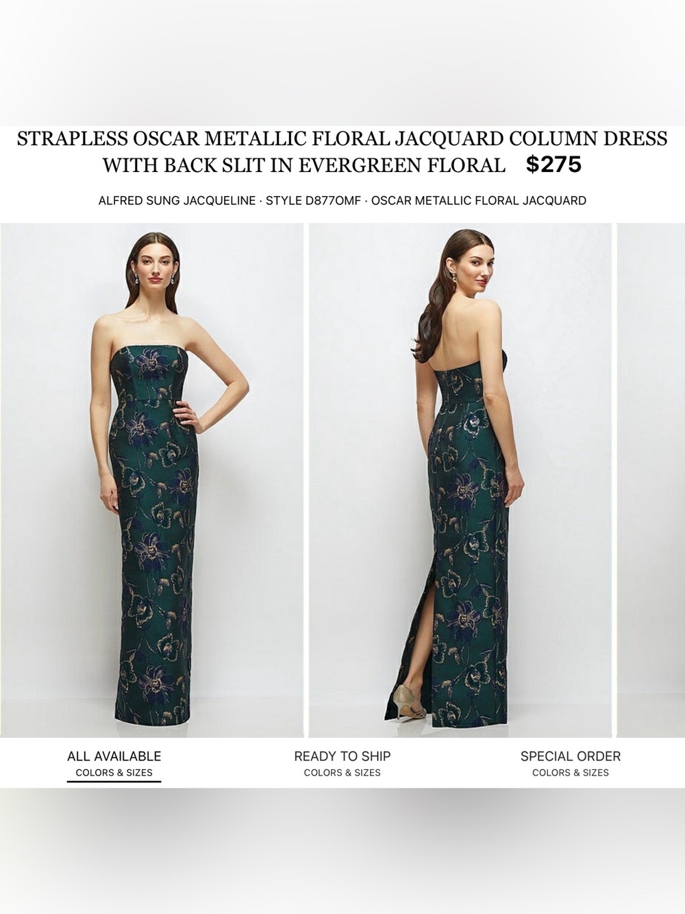 ALFRED SUNG Evergreen Metallic Floral Strapless Backless Column Gown